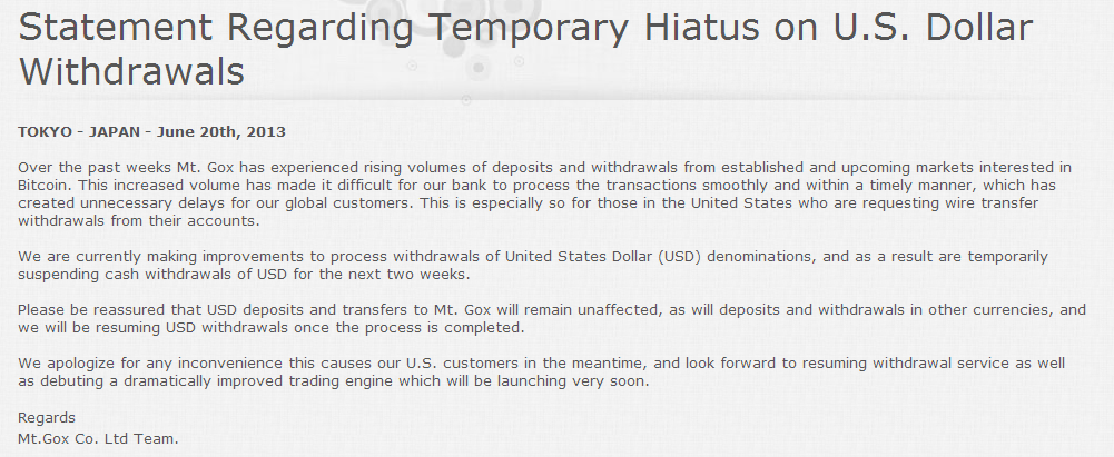 Mt. Gox, the largest Bitcoin exchange, suspends withdrawals in dollars
